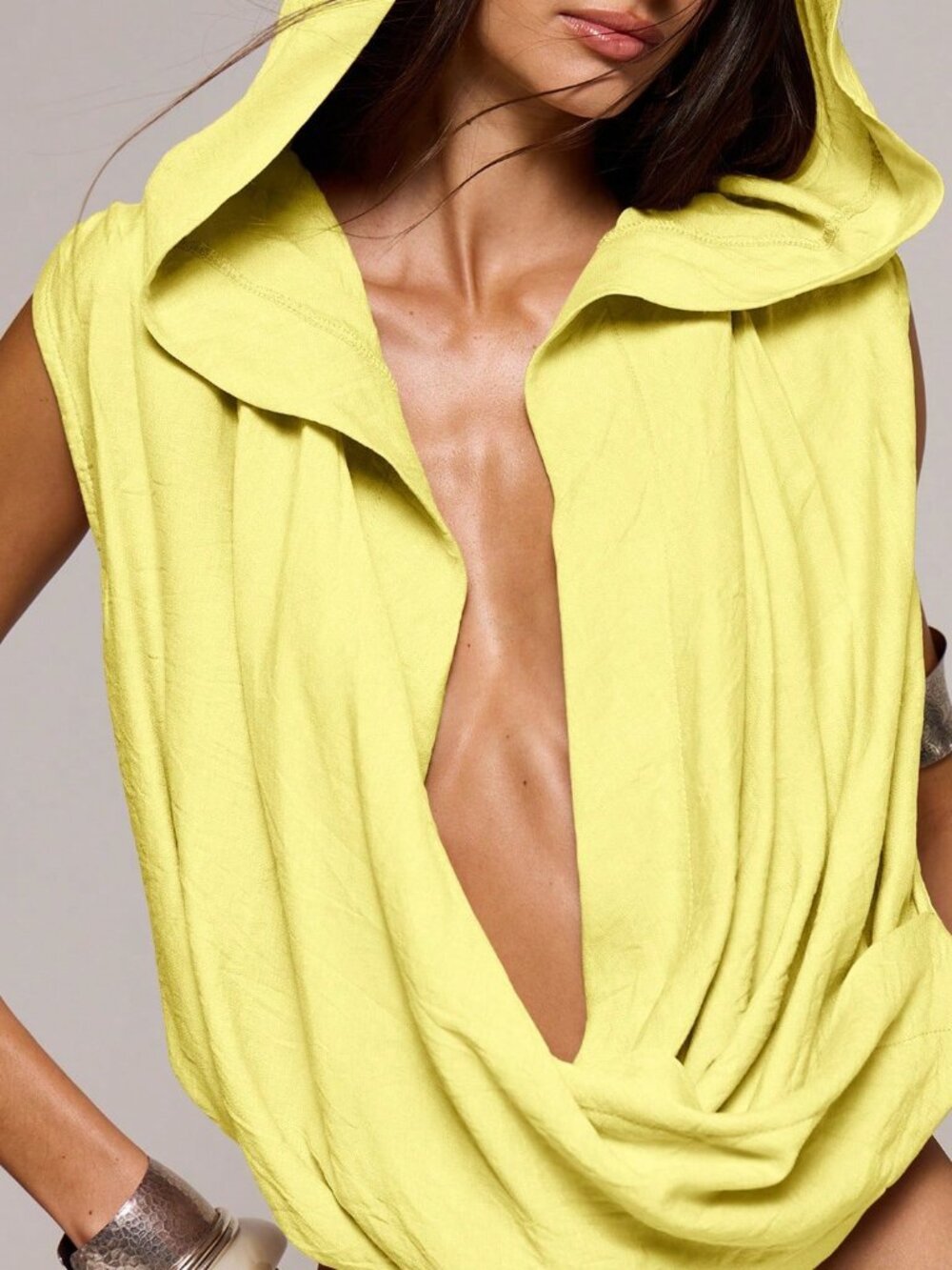 Yellow Casual Women's Textured Linen Cowl Hooded Top with Plunge Neck - Picture 2 of 6